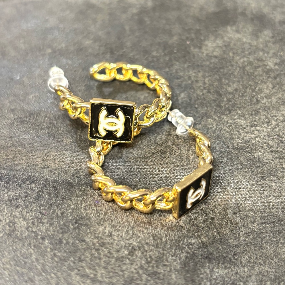 Gold-Tone Hoop Earrings with Black Enamel Logo New!